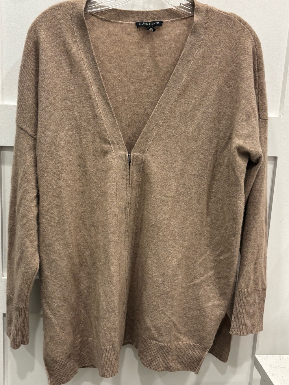 Eileen Fisher 100% Cashmere Taupe V-Neck Zip Pullover Sweater